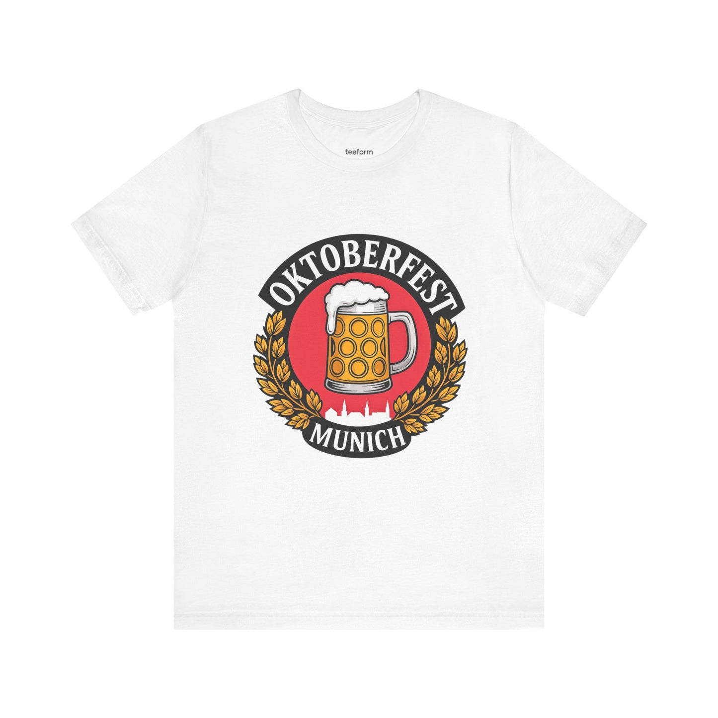 White t-shirt with Oktoberfest Munich design featuring a beer mug.