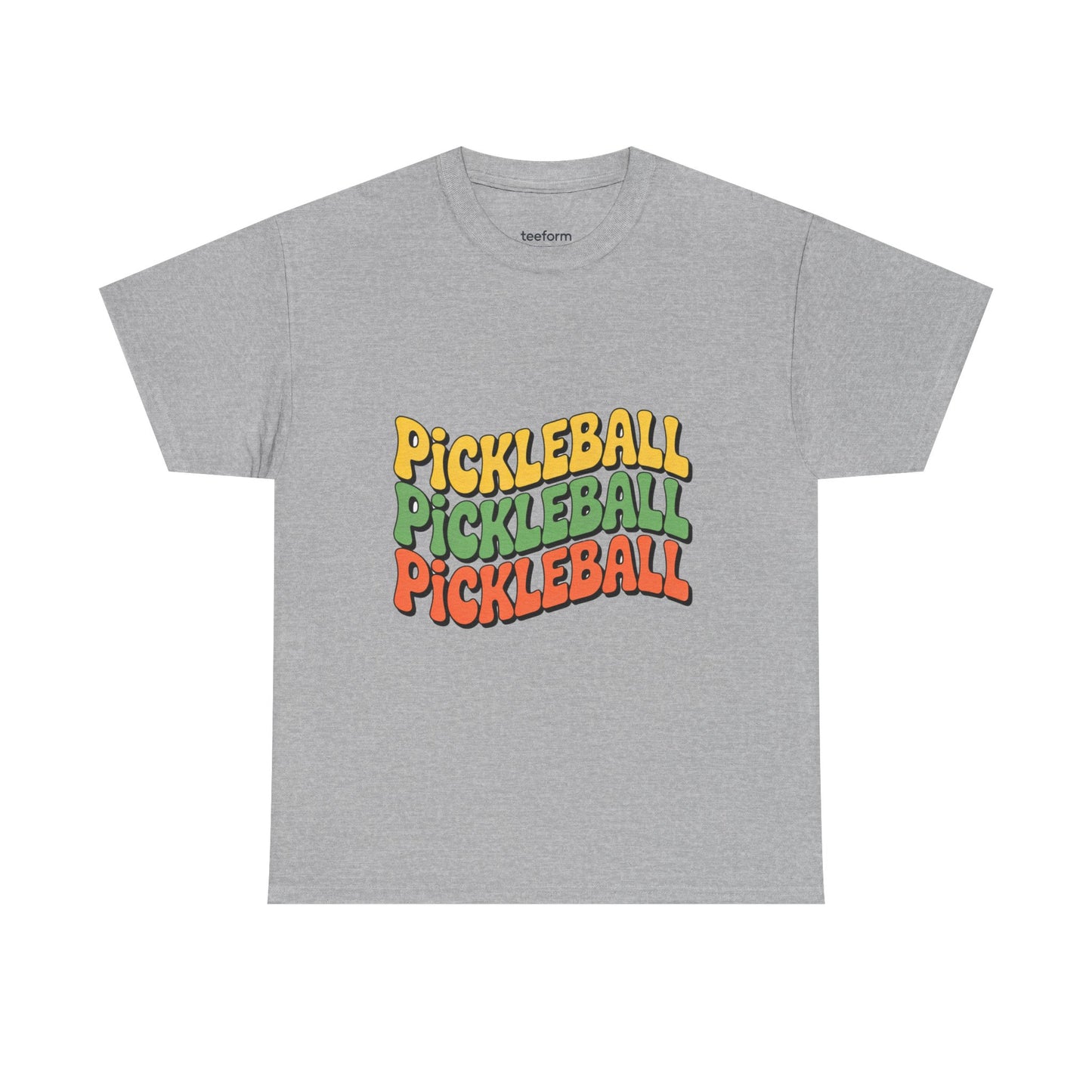 Gray t-shirt with 'Pickleball Pickleball Pickleball' text in multiple colors