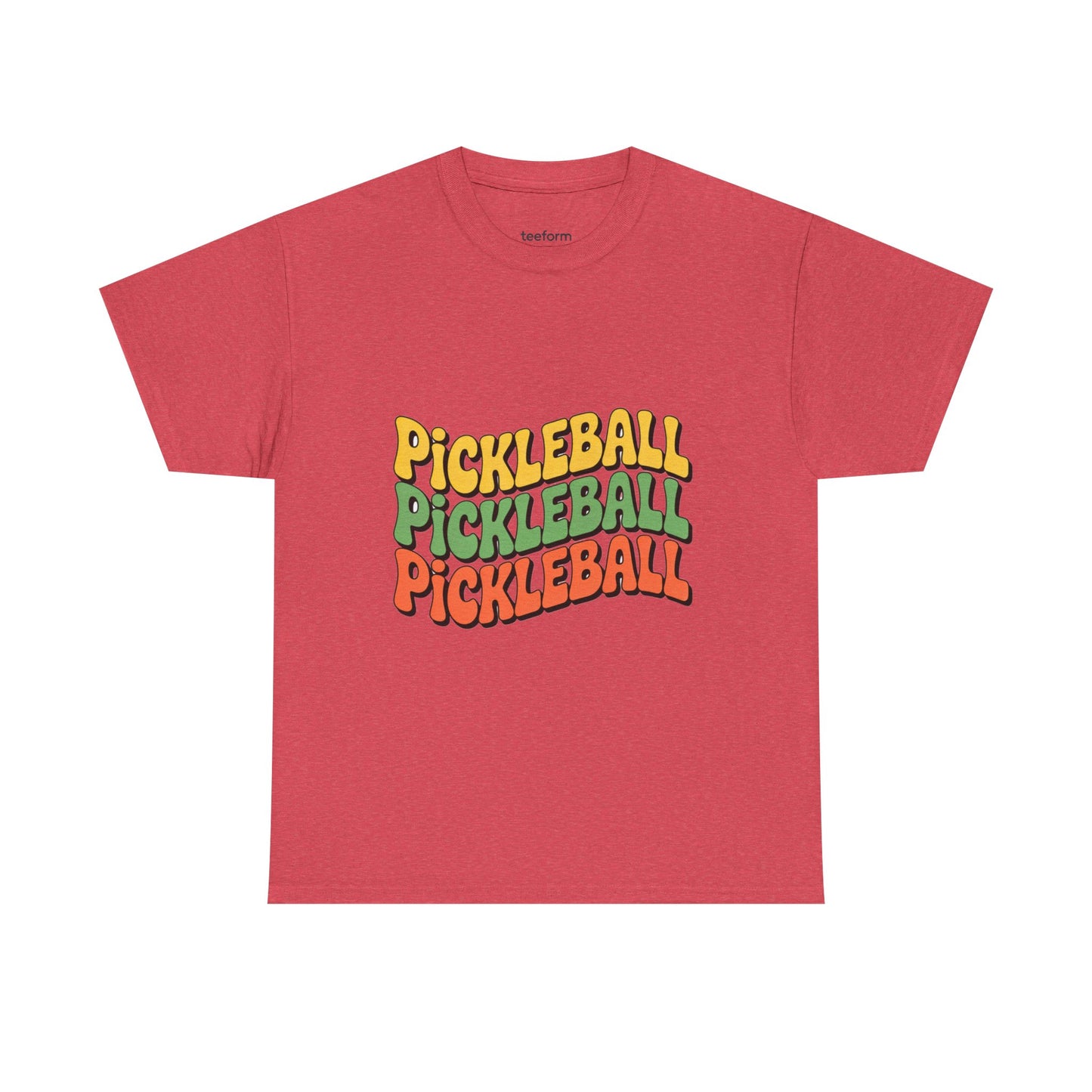 Red t-shirt with 'Pickleball' text in multiple colors
