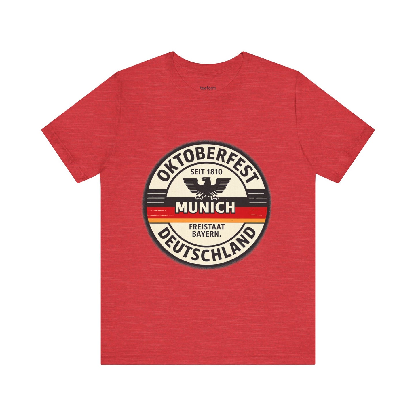 Red t-shirt with Oktoberfest Munich Deutschland graphic on a white background