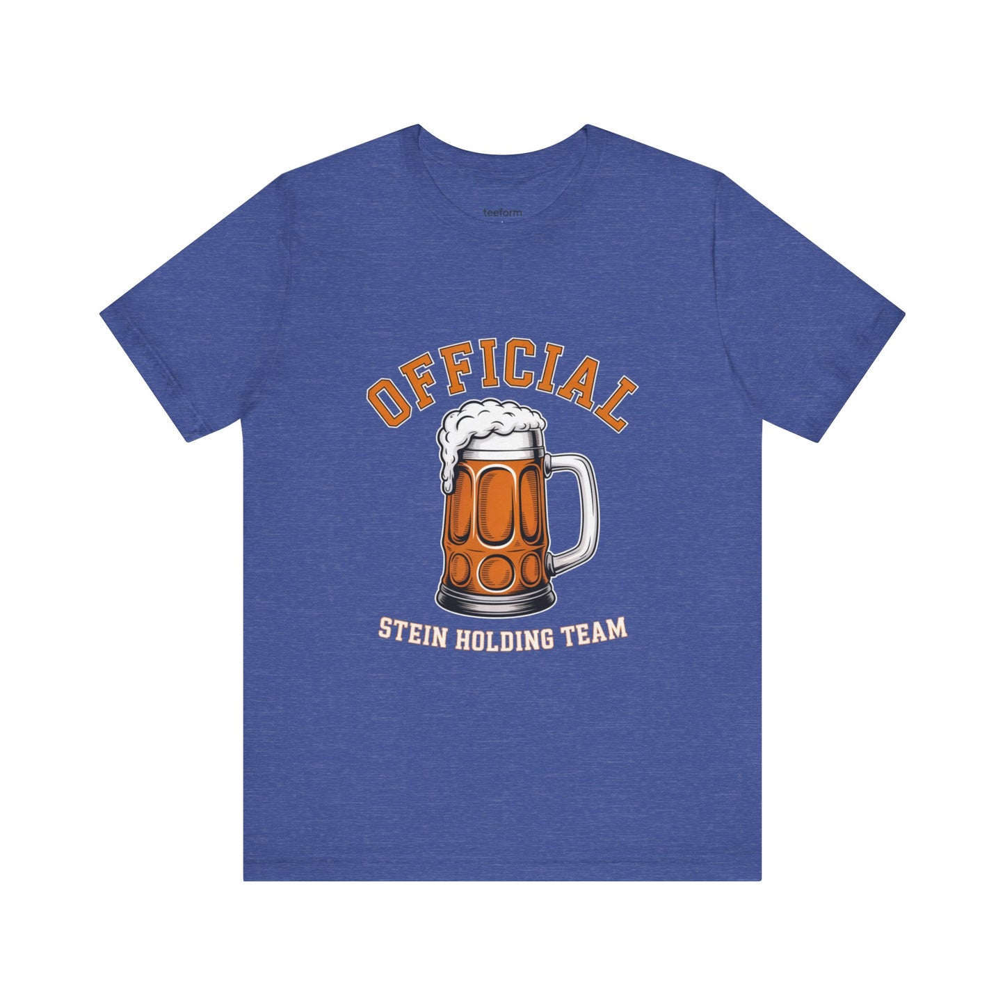 Blue t-shirt with a graphic of a beer stein and text 'Official Stein Holding Team'