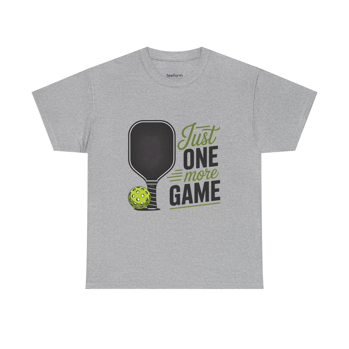 Gray t-shirt with pickleball graphic and text 'Just One More Game'