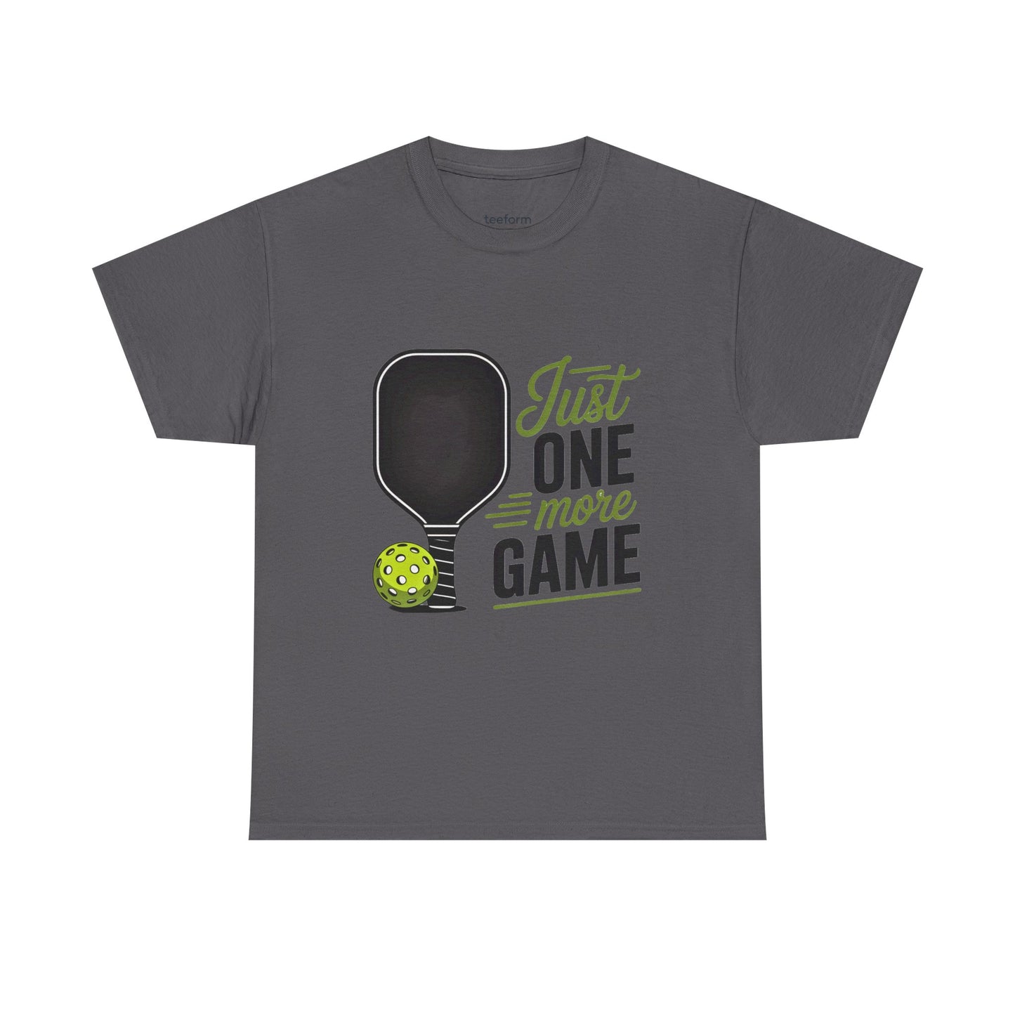 Dark Gray t-shirt with pickleball graphic and text 'Just One More Game'