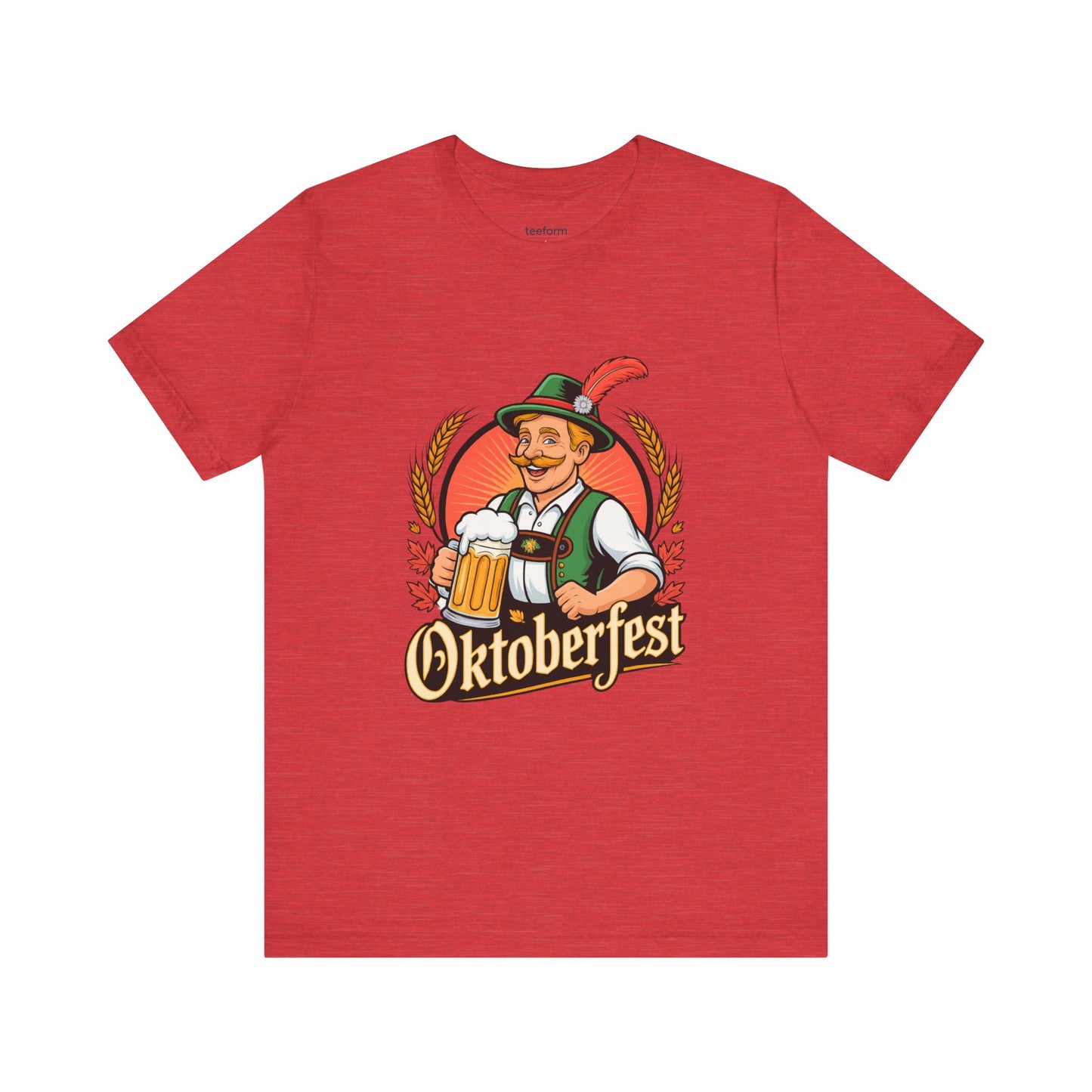 Red t-shirt with Oktoberfest graphic featuring a traditional Bavarian man and beer mug design