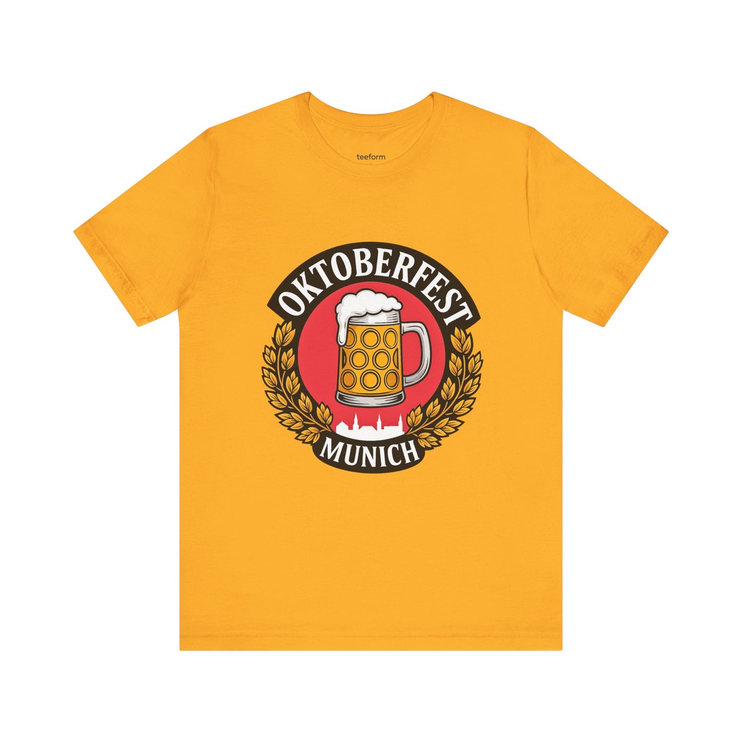 Gold t-shirt with Oktoberfest Munich design featuring a beer mug.