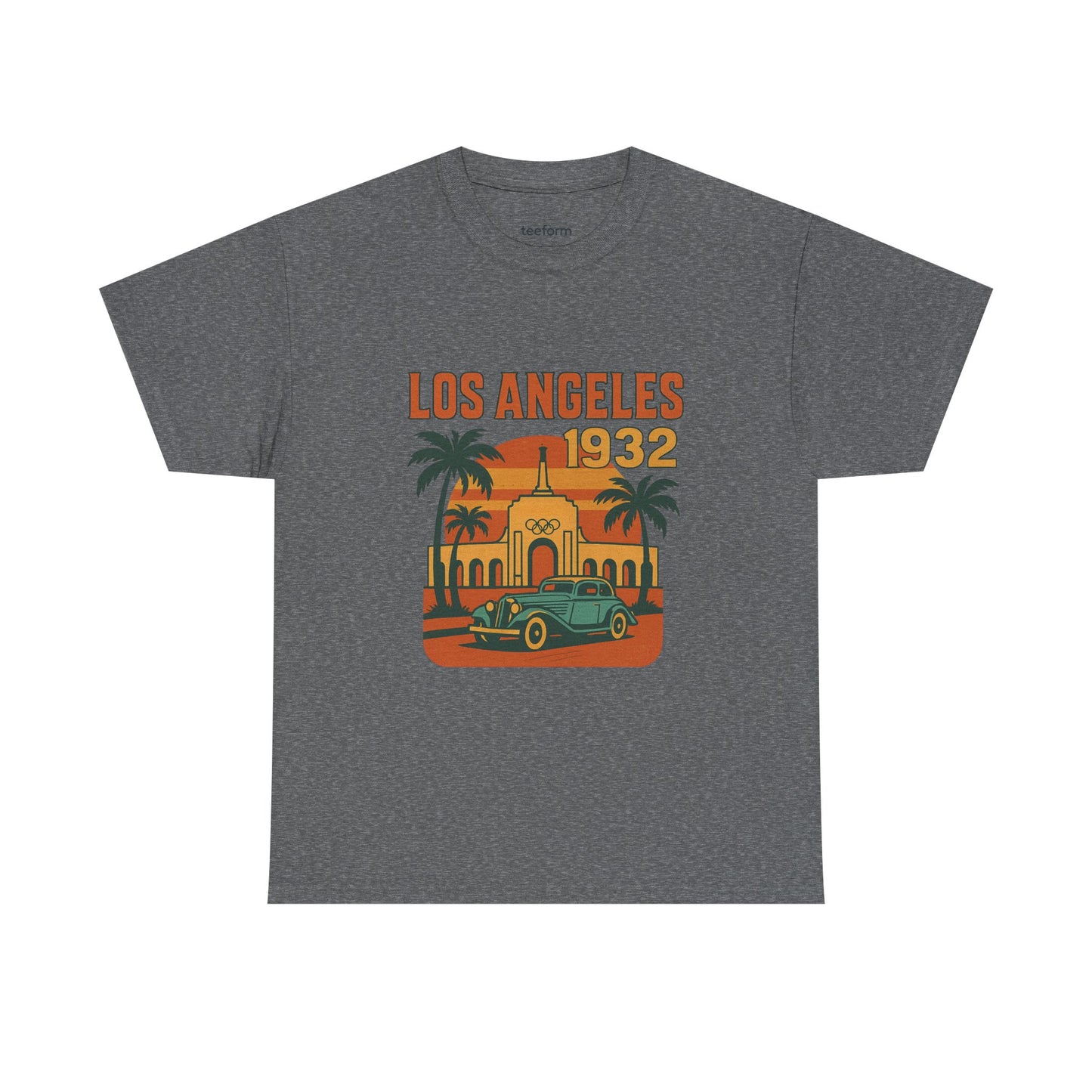 Vintage Los Angeles 1932 Olympics t-shirt featuring the LA Memorial Coliseum, palm trees, and a retro car design on a graphite heather tee