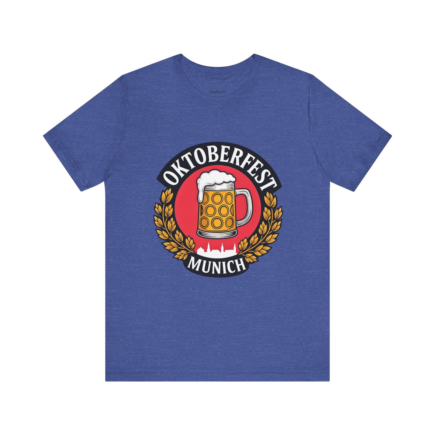 Blue t-shirt with Oktoberfest Munich design featuring a beer mug.