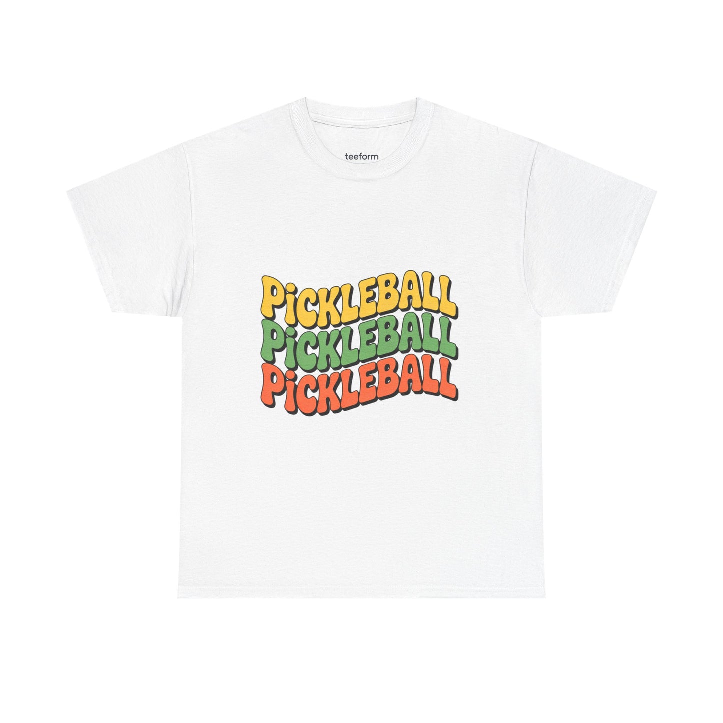 White t-shirt with 'Pickleball Pickleball Pickleball' text in multiple colors