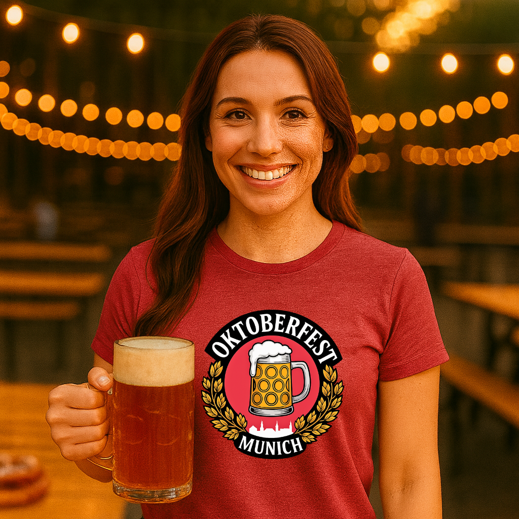 Woman wearing an Oktoberfest Munich t-shirt holding a beer mug in a festive outdoor setting.