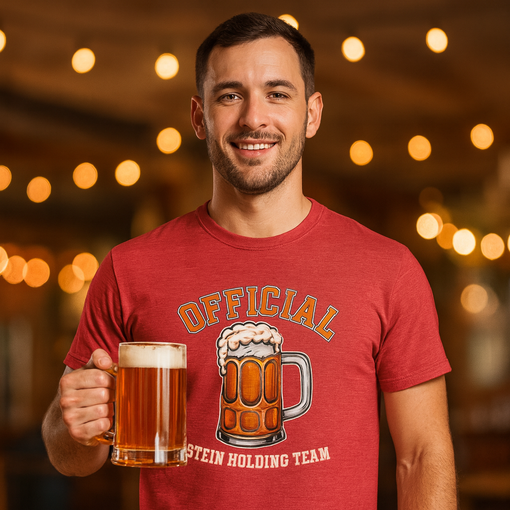Man wearing a red t-shirt with a beer graphic and text, holding a beer mug