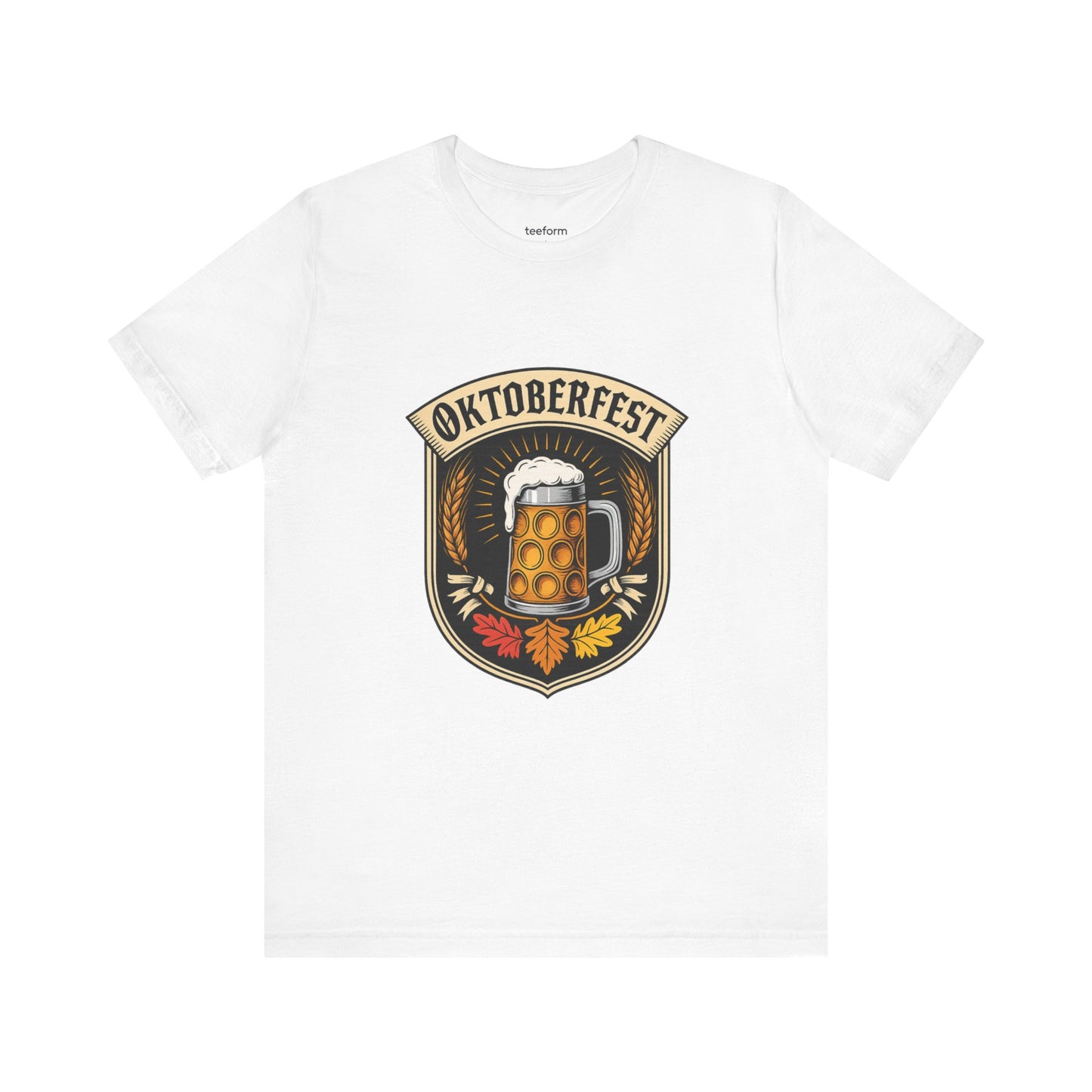 White t-shirt with Oktoberfest design featuring a beer mug