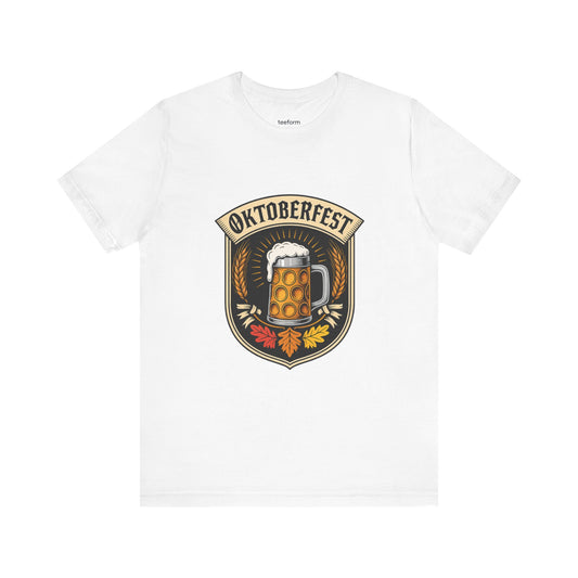 White t-shirt with Oktoberfest design featuring a beer mug