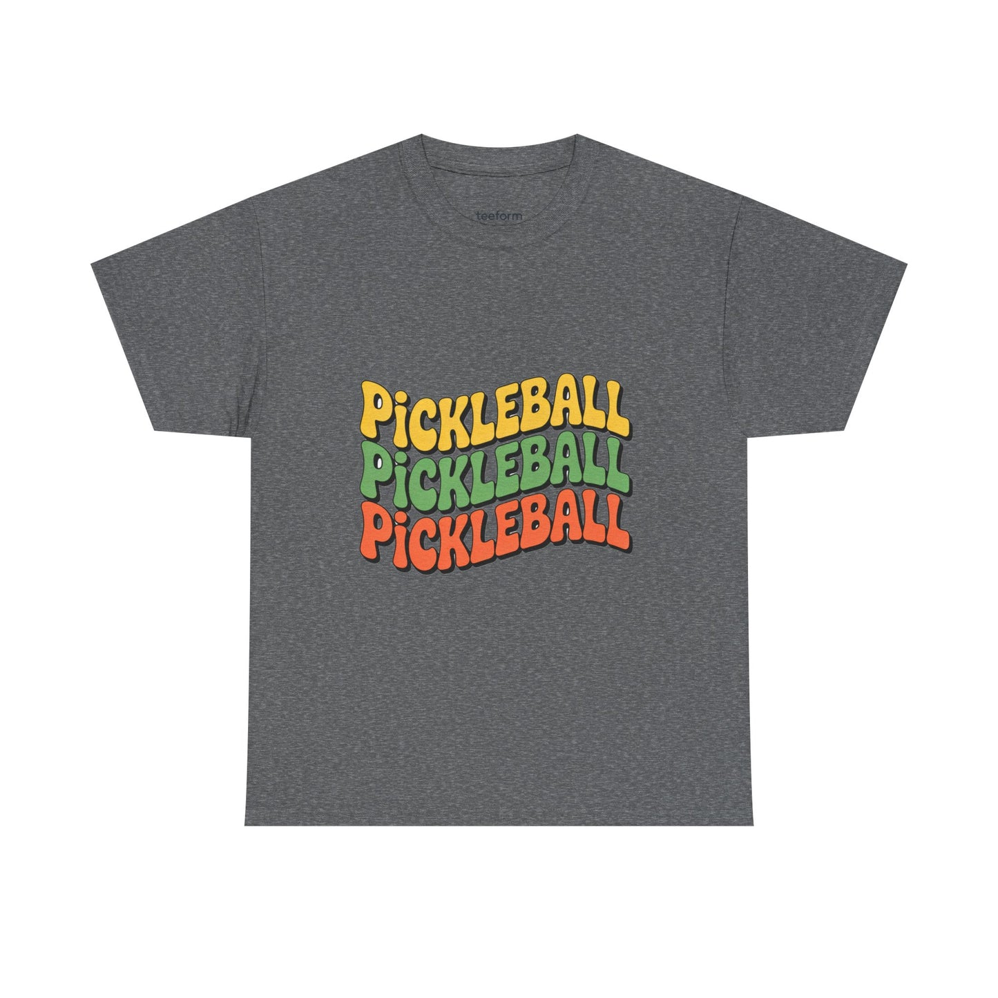 Gray t-shirt with 'Pickleball' text in colorful letters