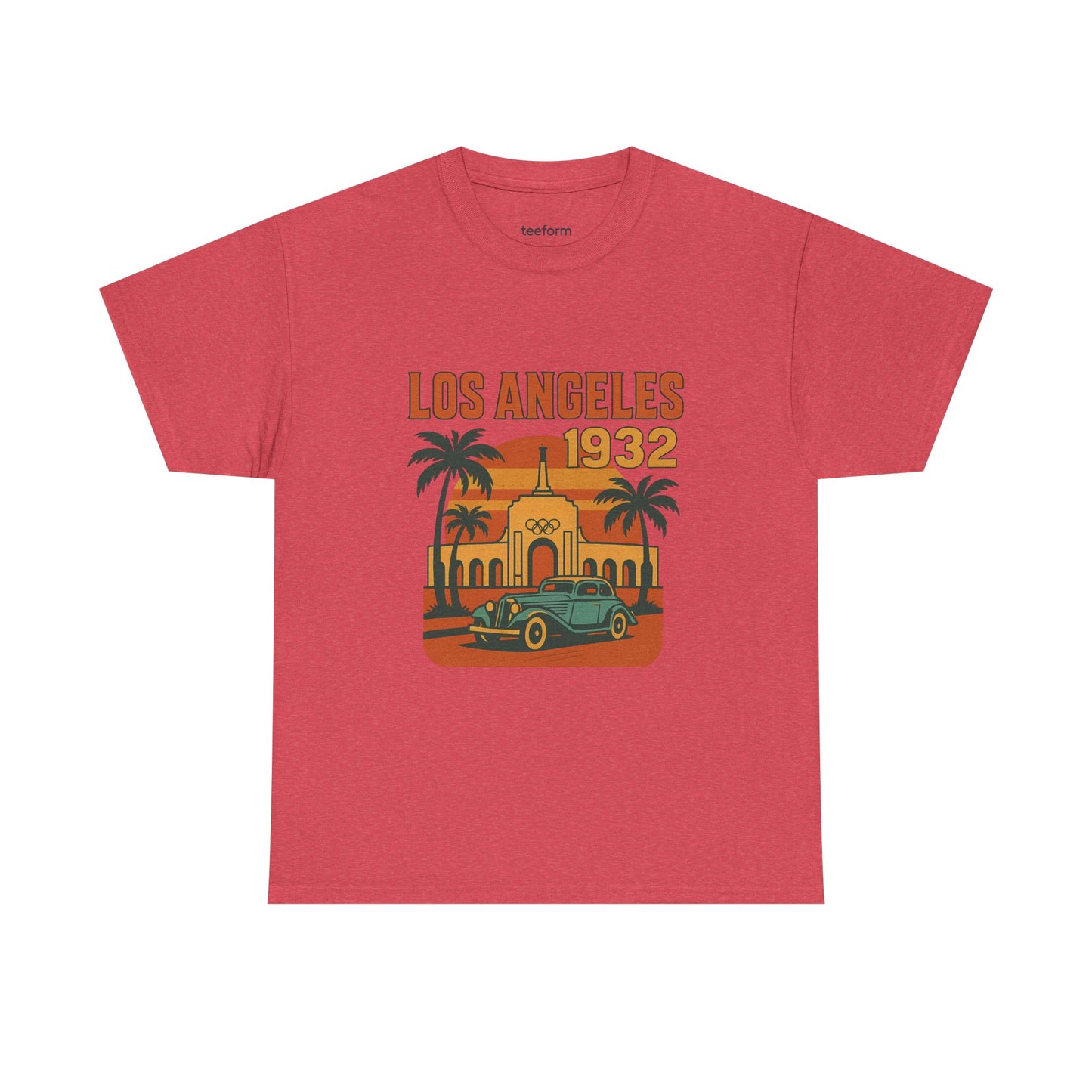 Vintage Los Angeles 1932 Olympics t-shirt featuring the LA Memorial Coliseum, palm trees, and a retro car design on a cardinal red tee
