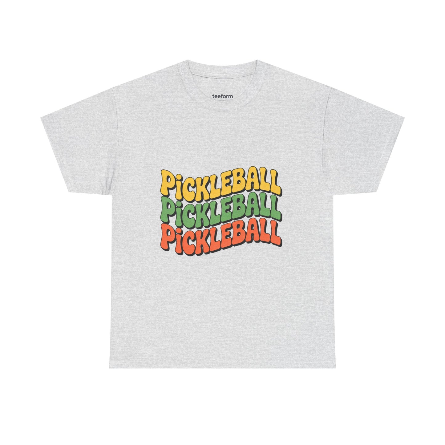 Gray t-shirt with 'Pickleball Pickleball Pickleball' text in multiple colors