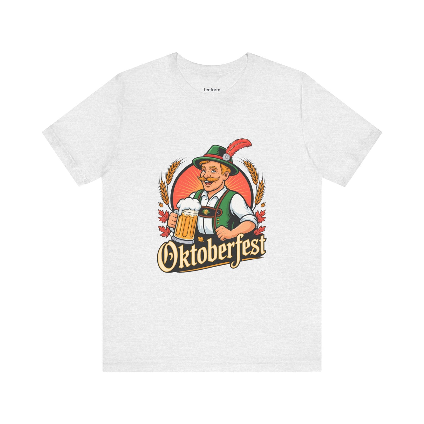Ash t-shirt with Oktoberfest graphic featuring a traditional Bavarian man and beer mug design