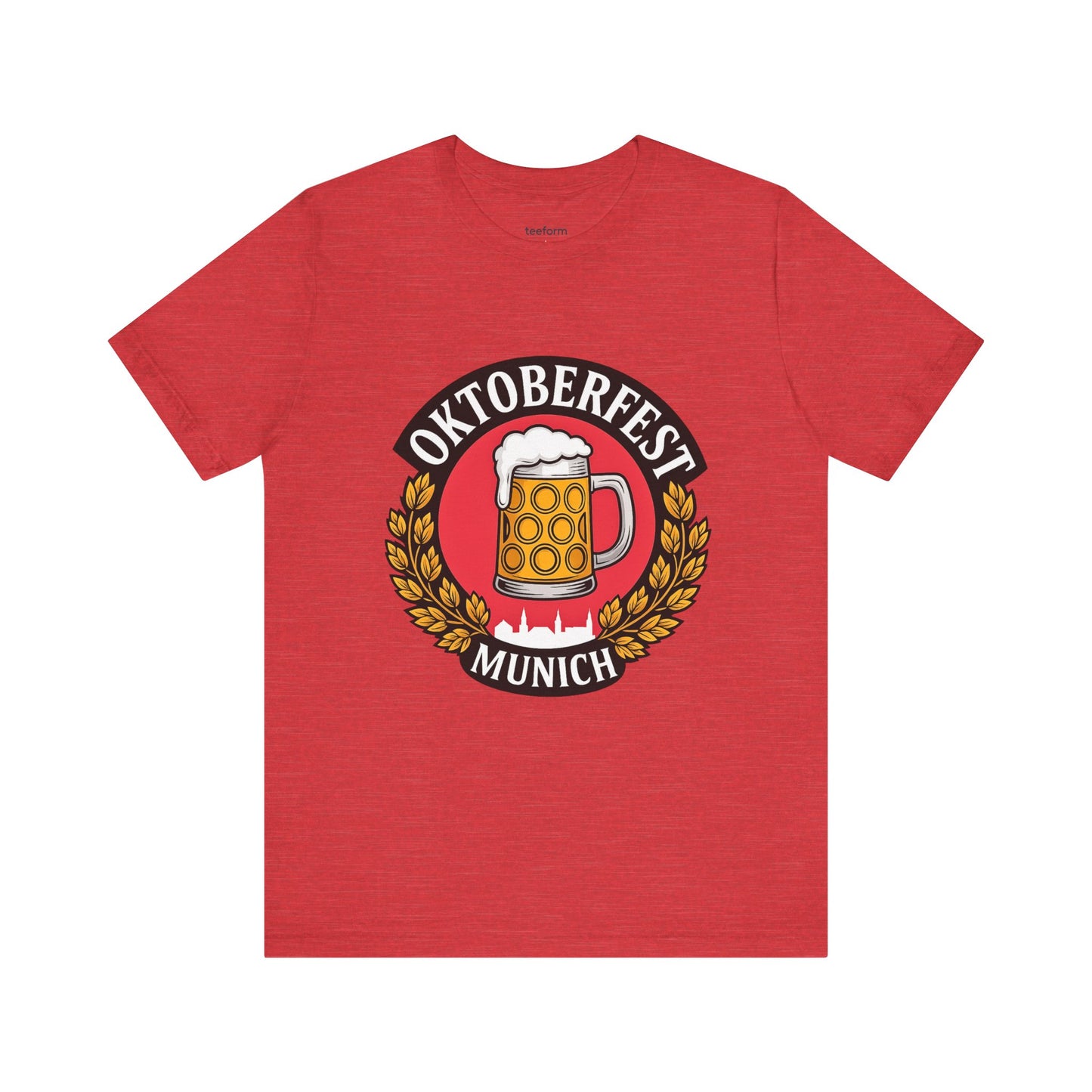 Red t-shirt with Oktoberfest Munich design featuring a beer mug.