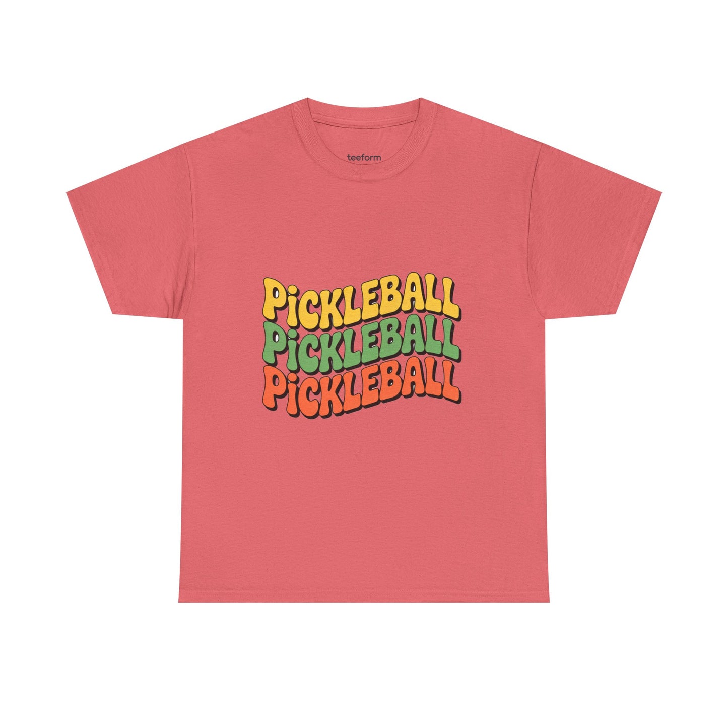 Red t-shirt with 'Pickleball' text in multiple colors