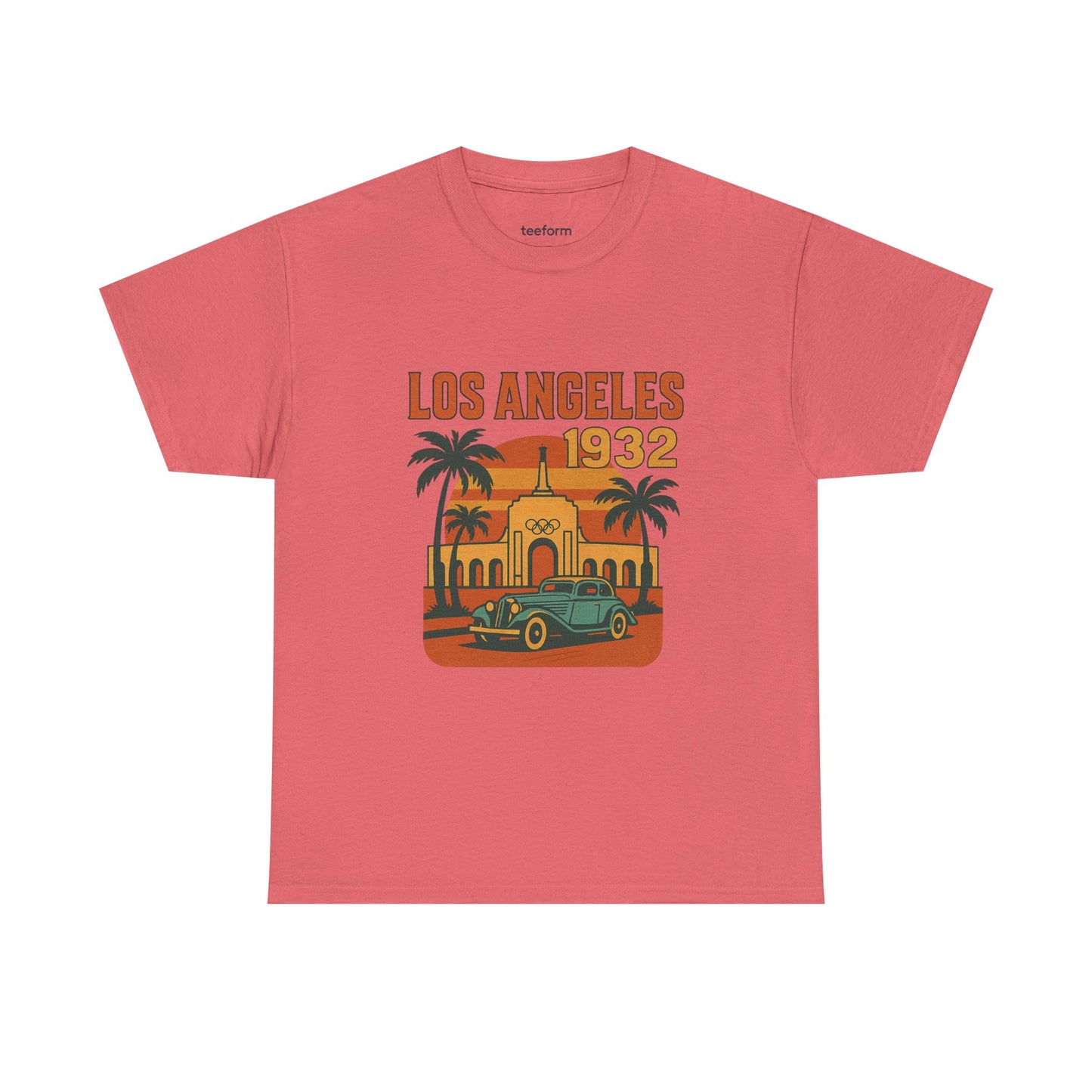 Vintage Los Angeles 1932 Olympics t-shirt featuring the LA Memorial Coliseum, palm trees, and a retro car design on a coral silk tee