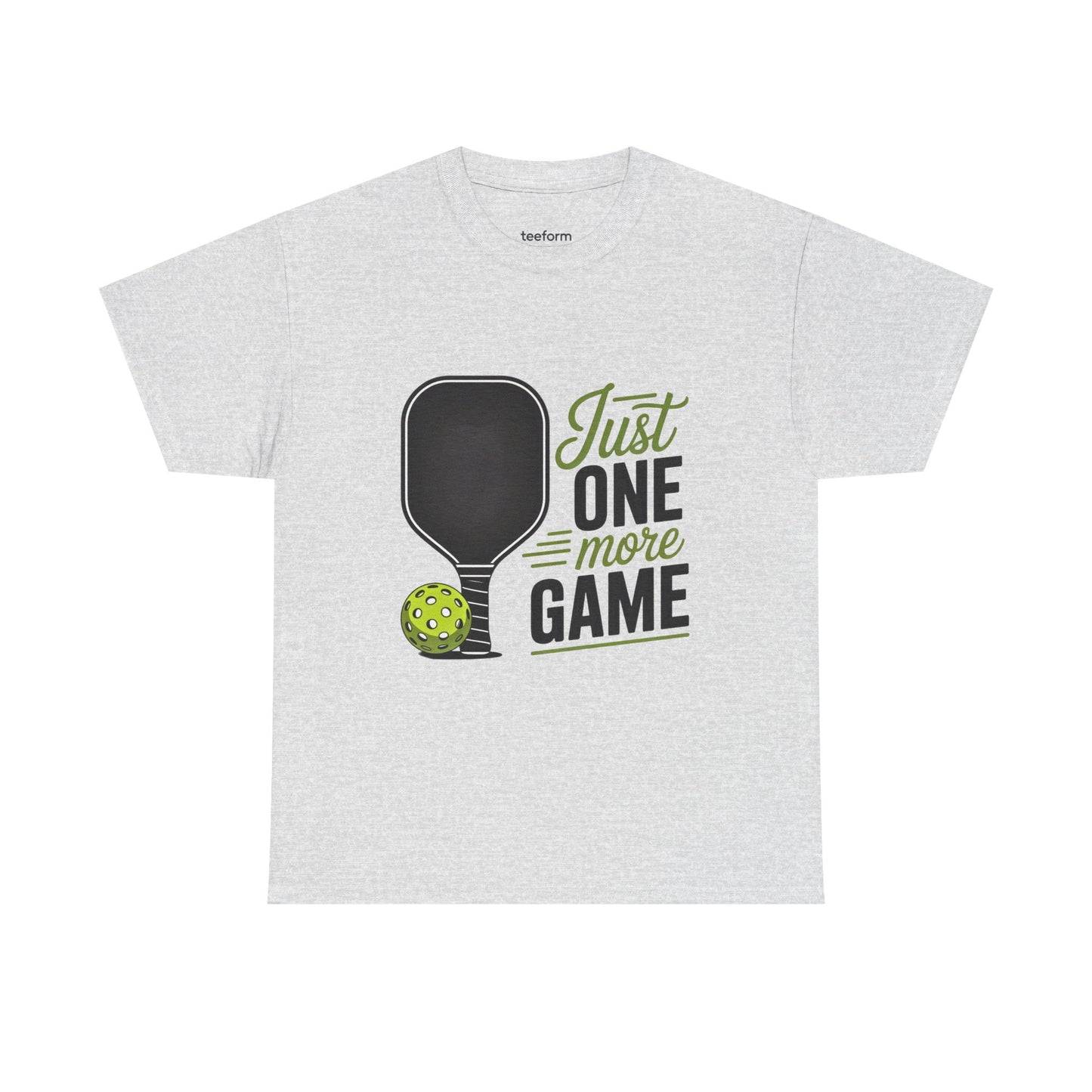 Gray t-shirt with pickleball design and text 'Just One More Game'