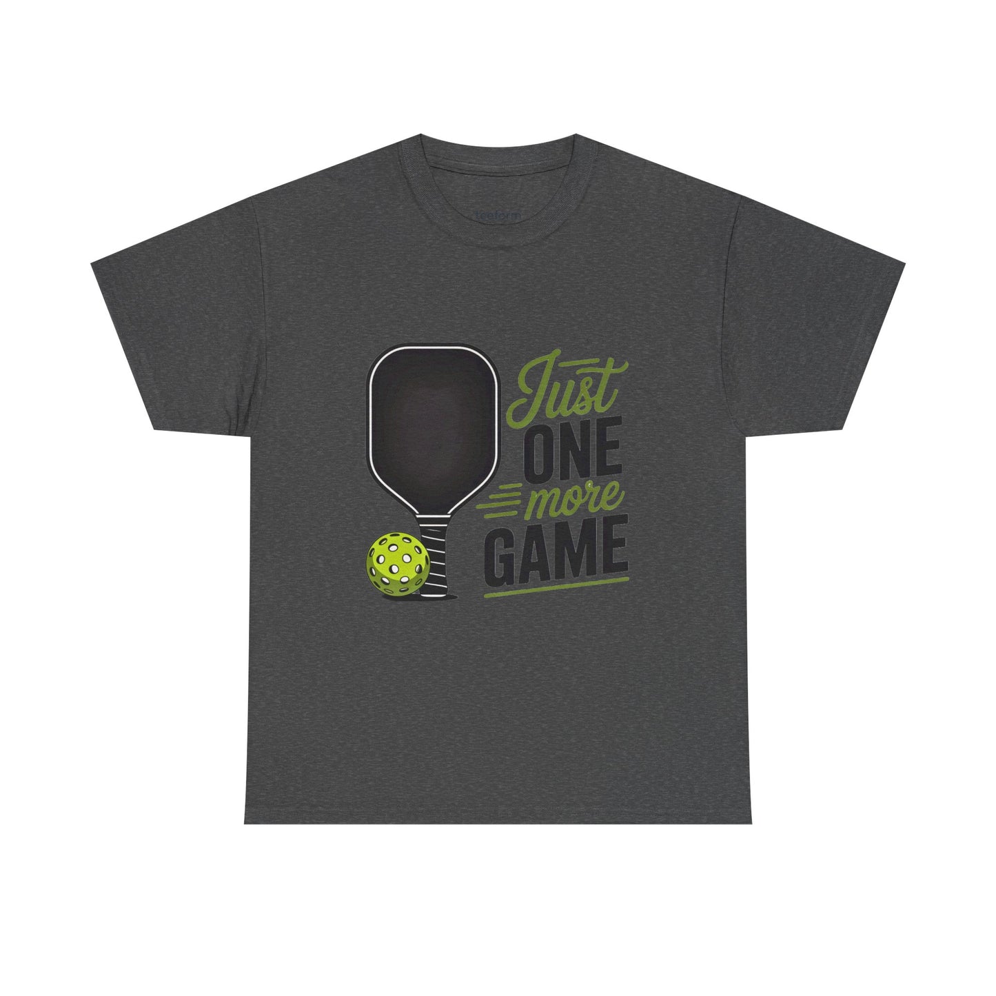 Gray t-shirt with pickleball design and text 'Just One More Game'