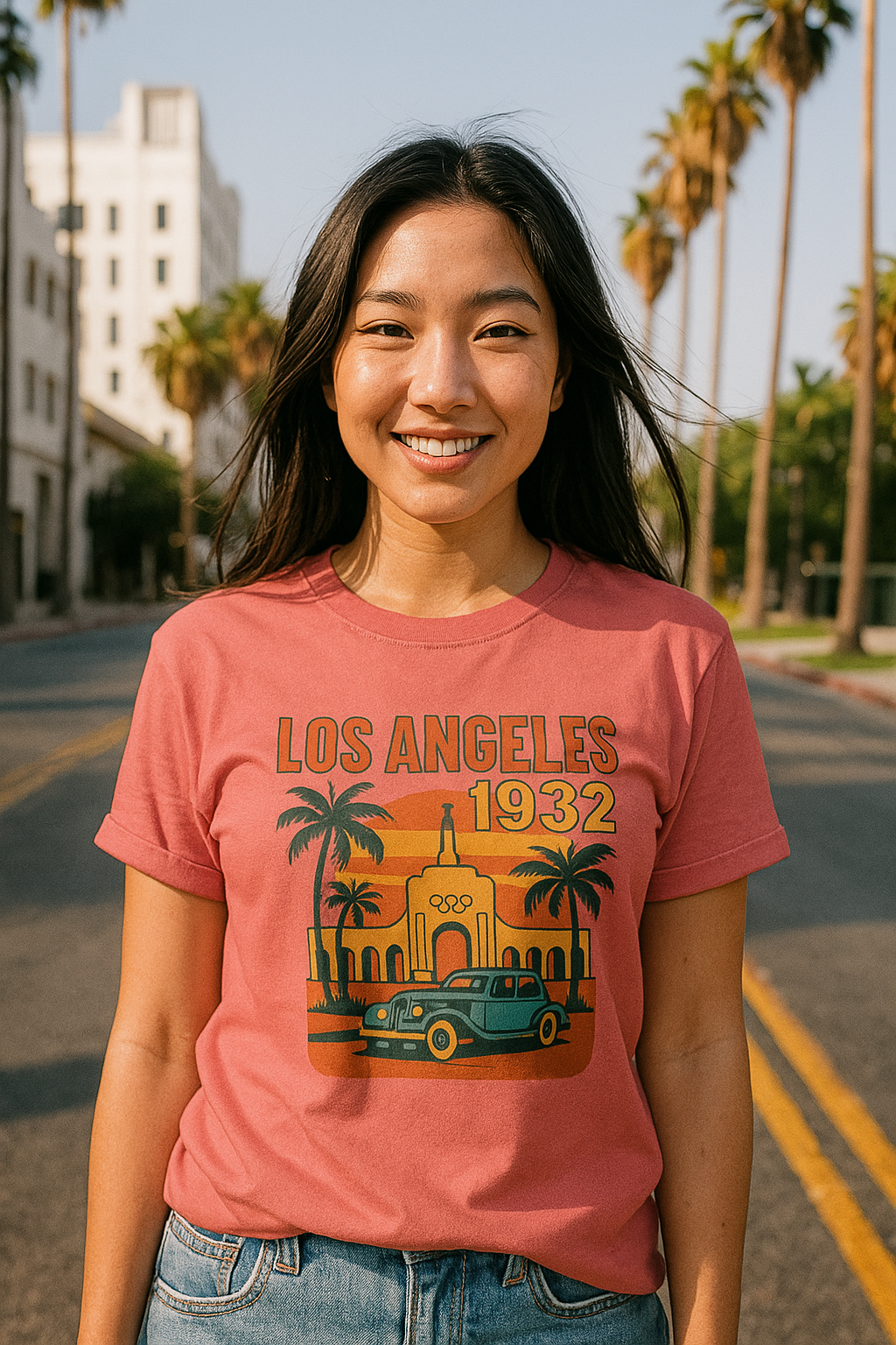 Woman wearing a vintage Los Angeles 1932 Olympics t-shirt with retro car and palm tree design, standing on a sunny street in LA