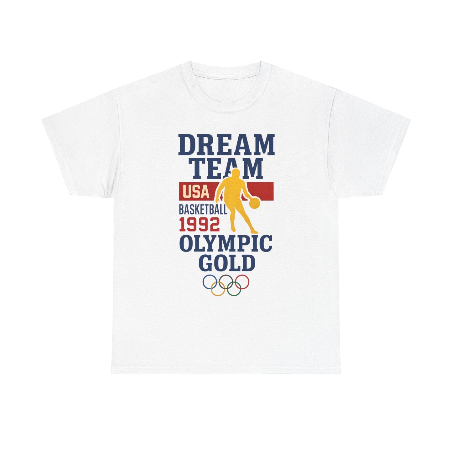 White T-shirt with Dream Team USA Basketball 1992 Olympic Gold design and Olympic rings