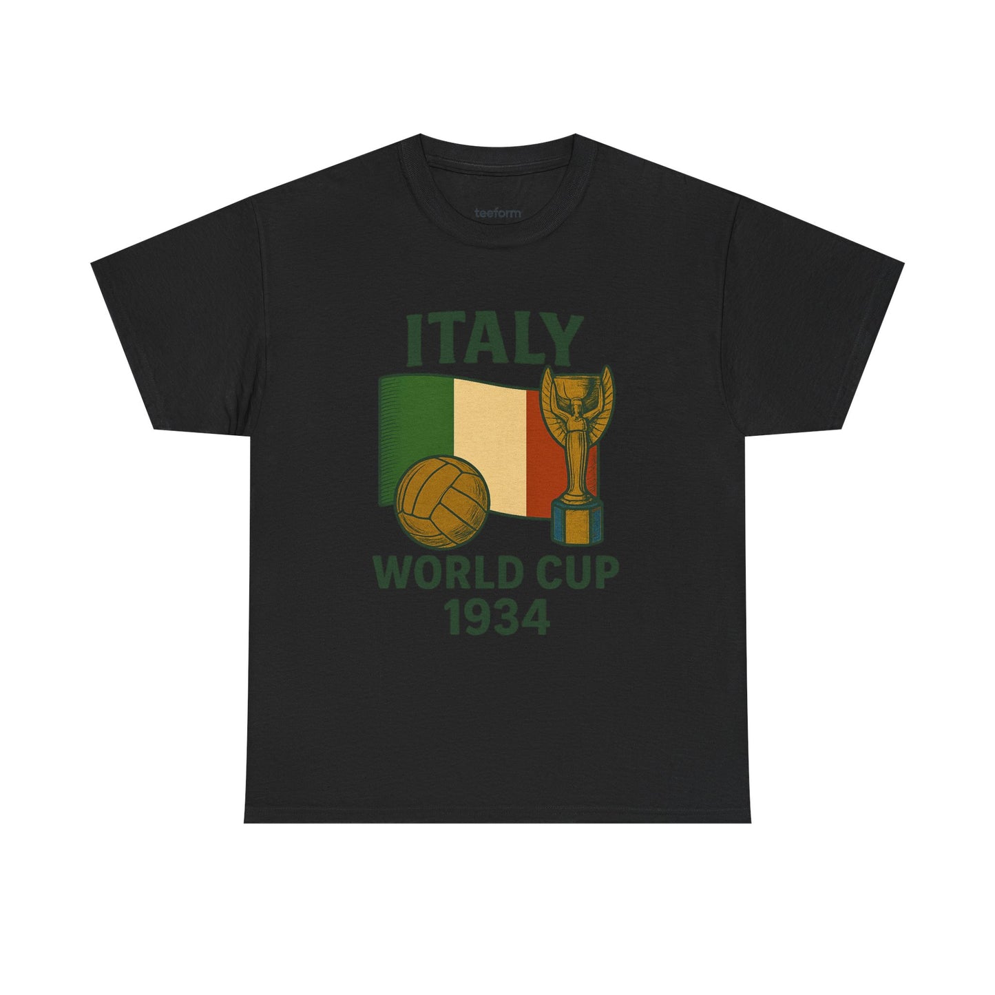 Black Italy 1934 World Cup t-shirt with trophy, ball, and flag graphic