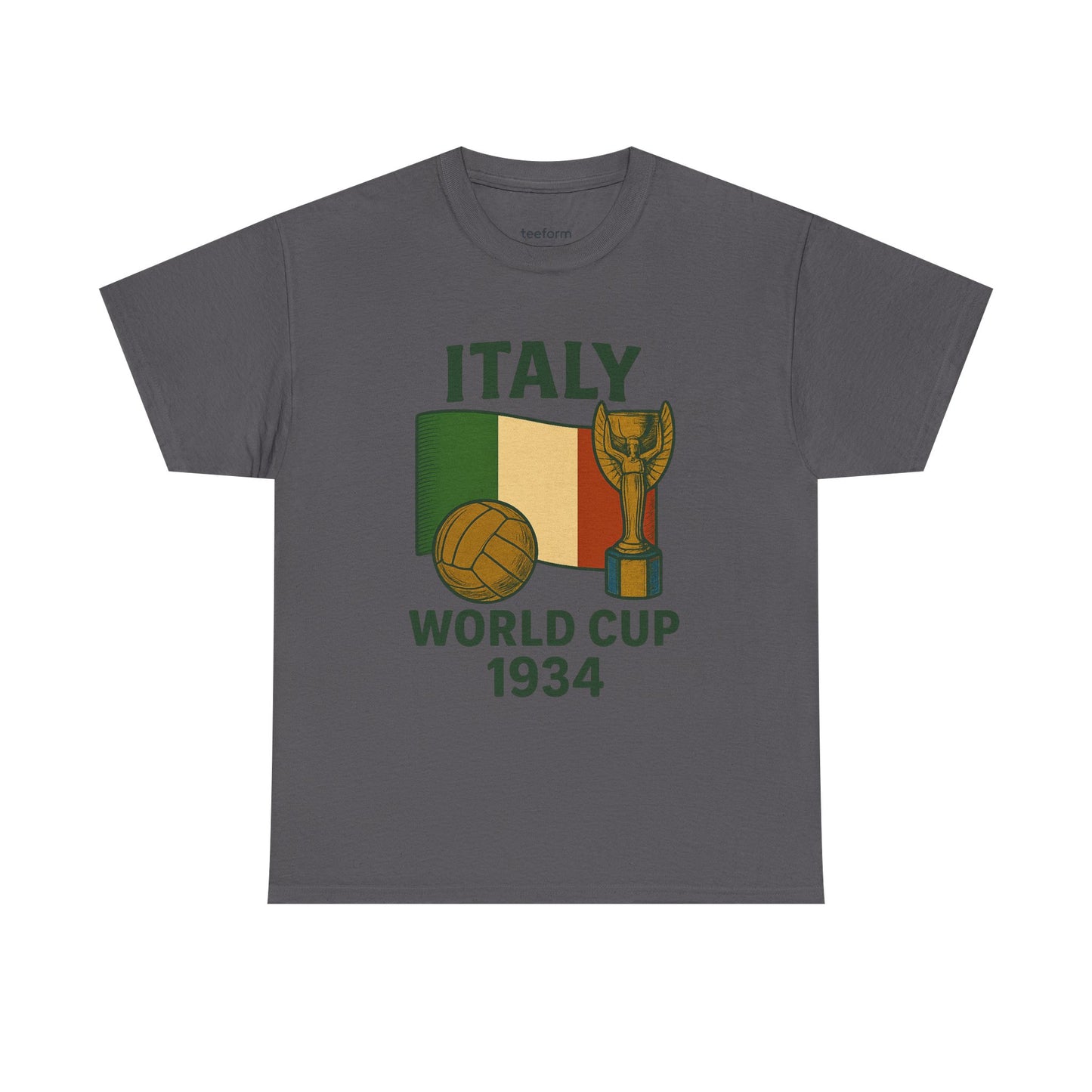 Charcoal Italy 1934 World Cup t-shirt with trophy, ball, and flag graphic