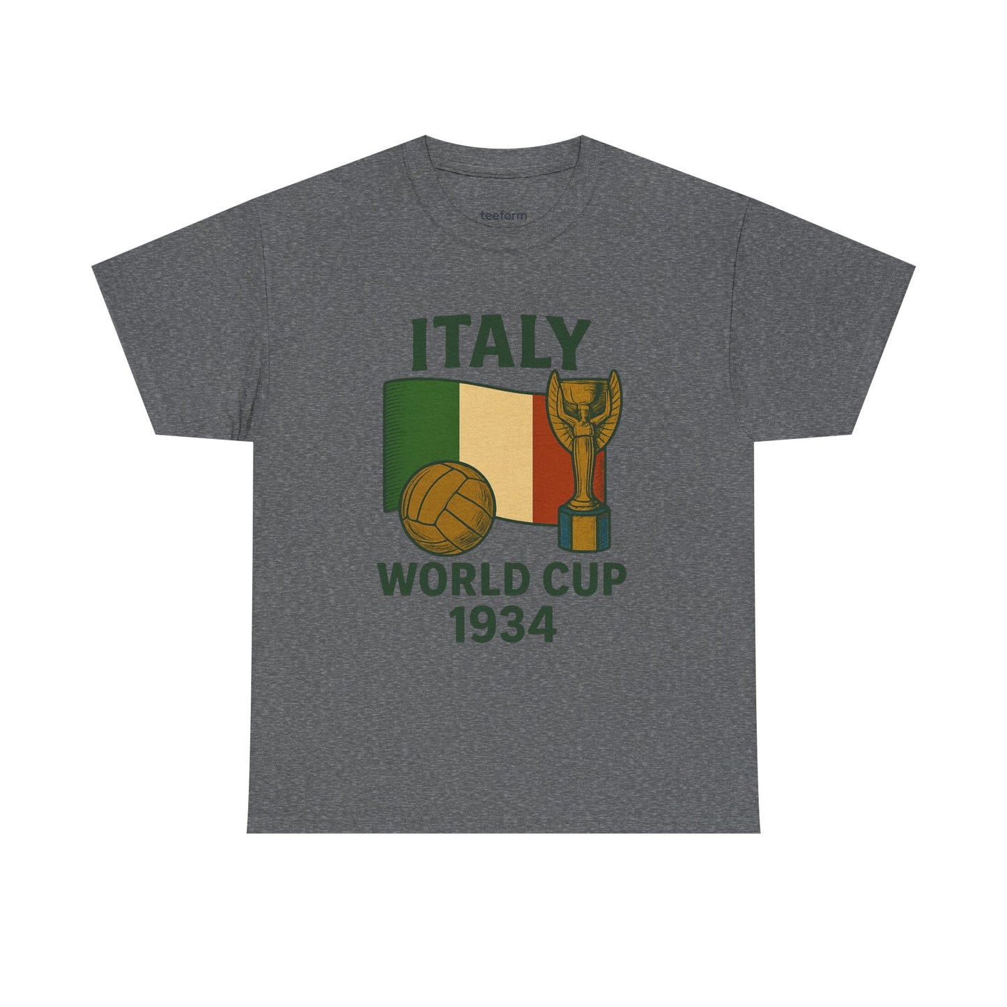 Graphite Heather Italy 1934 World Cup t-shirt with trophy, ball, and flag graphic