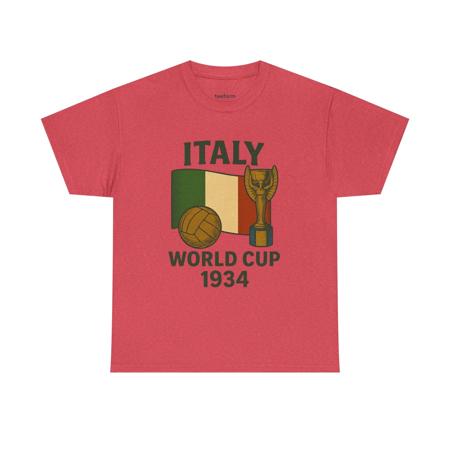 Heather Red Italy 1934 World Cup t-shirt with trophy, ball, and flag graphic