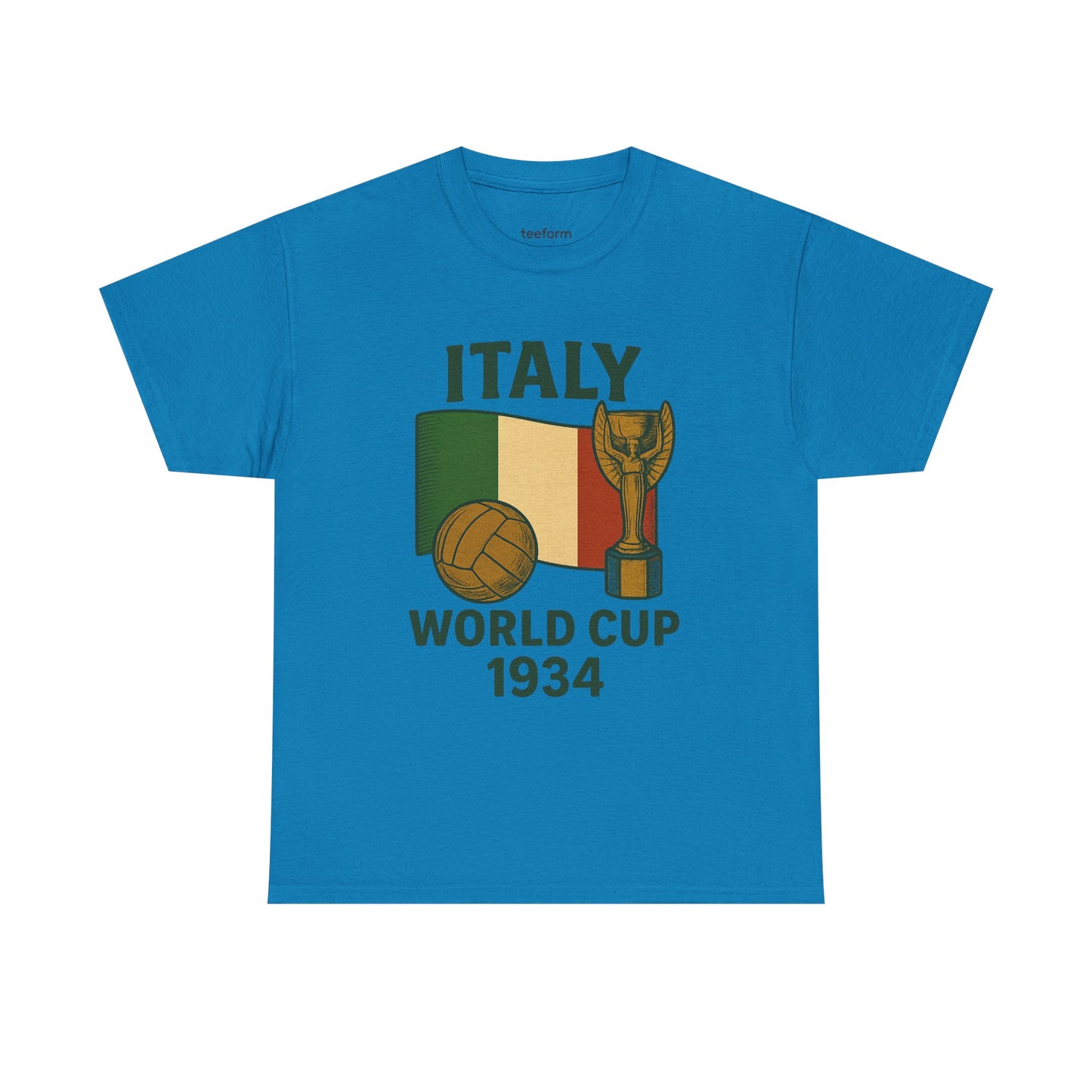 Blue Italy 1934 World Cup t-shirt with trophy, ball, and flag graphic