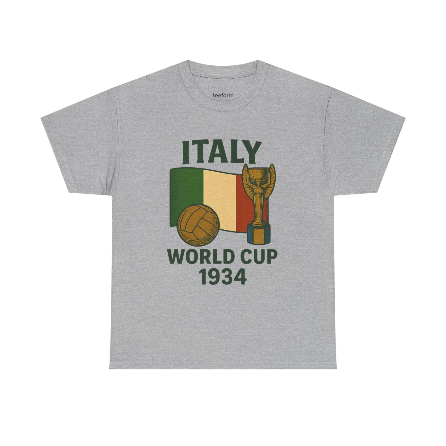 Sports Grey Italy 1934 World Cup t-shirt with trophy, ball, and flag graphic