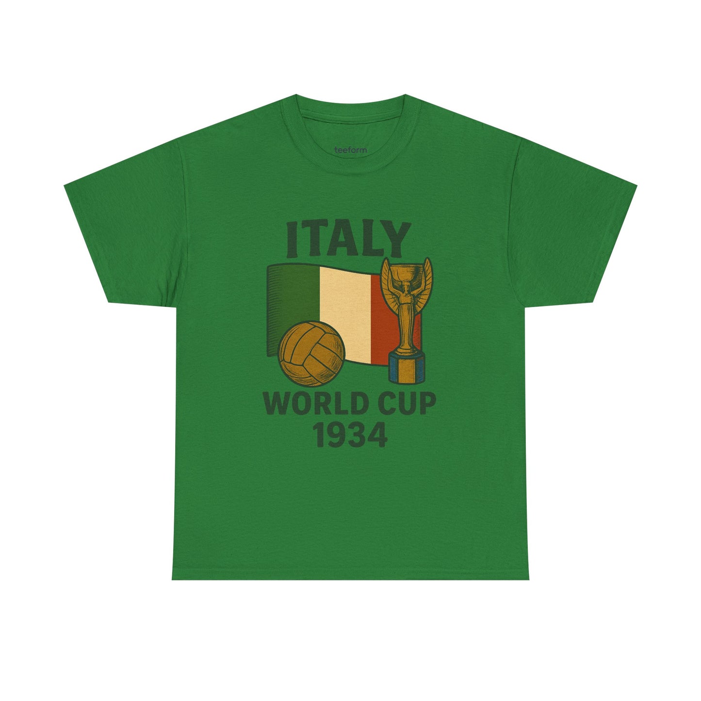 Green Italy 1934 World Cup t-shirt with trophy, ball, and flag graphic