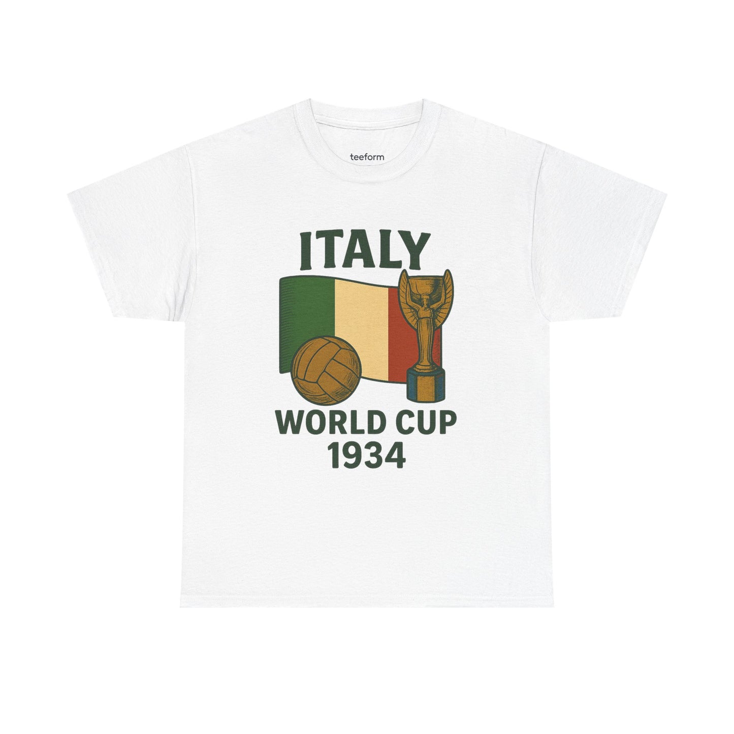 White Italy 1934 World Cup t-shirt with trophy, ball, and flag graphic