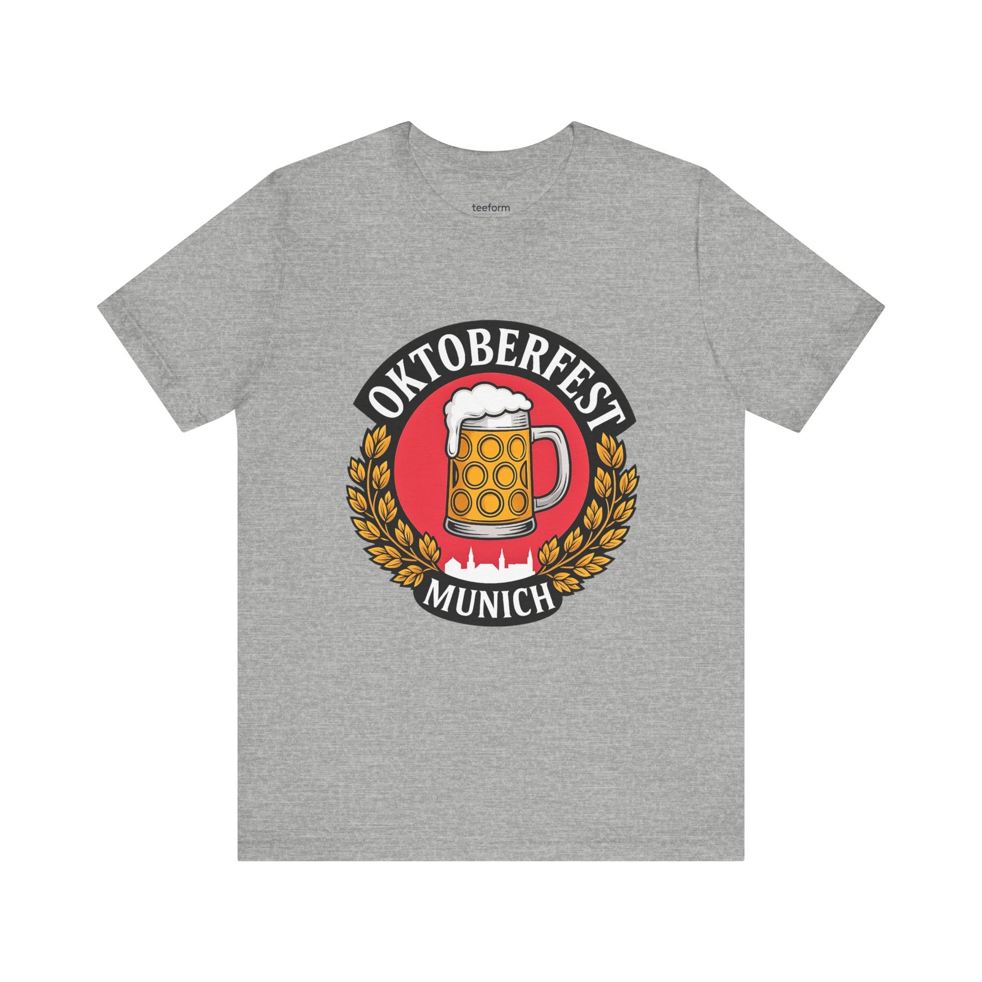 Grey t-shirt with Oktoberfest Munich design featuring a beer mug.