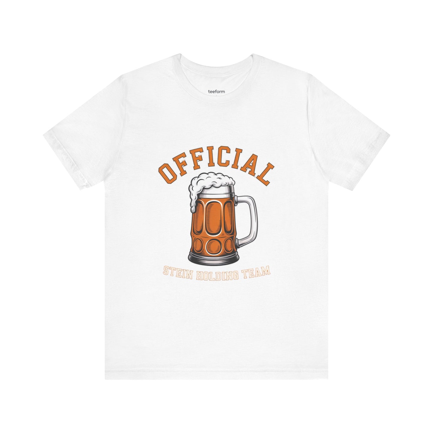 White t-shirt with a graphic of a beer mug and text