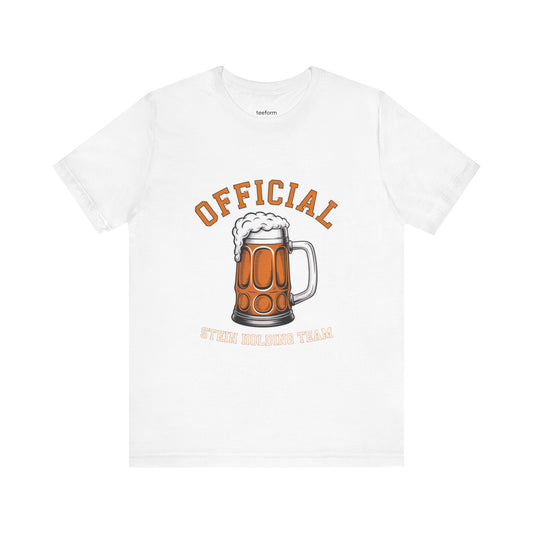 White t-shirt with a graphic of a beer mug and text