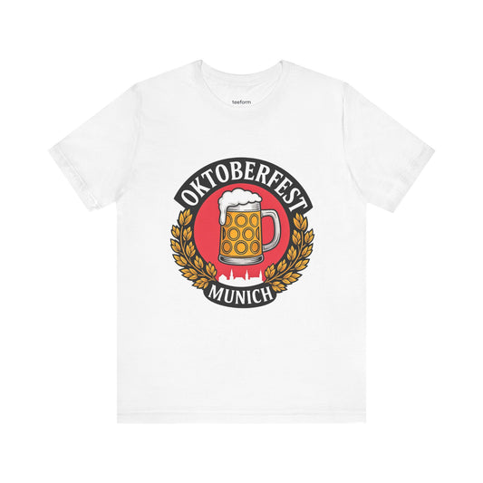 White t-shirt with Oktoberfest Munich design featuring a beer mug.
