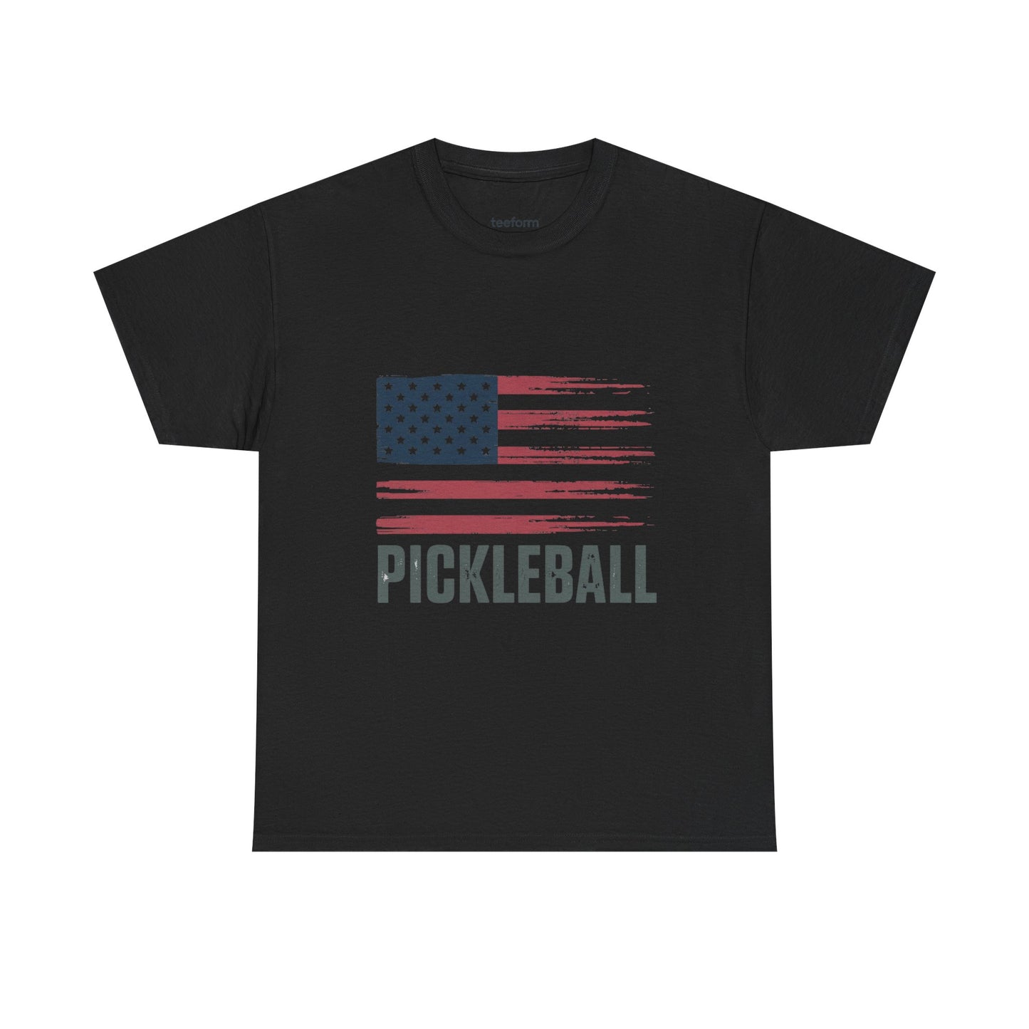 Black t-shirt with American flag design and 'Pickleball' text 