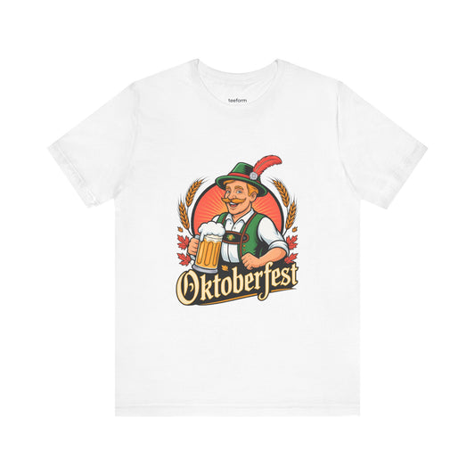 White t-shirt with Oktoberfest graphic featuring a traditional Bavarian man and beer mug design