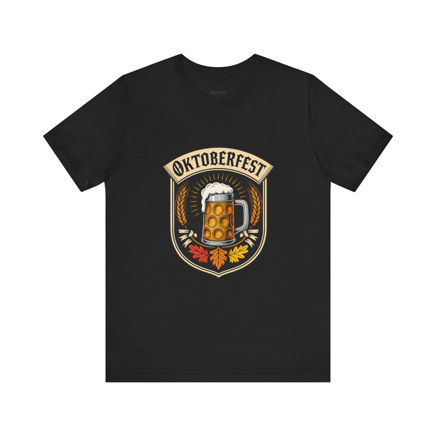 Black t-shirt with Oktoberfest design featuring a beer mug 