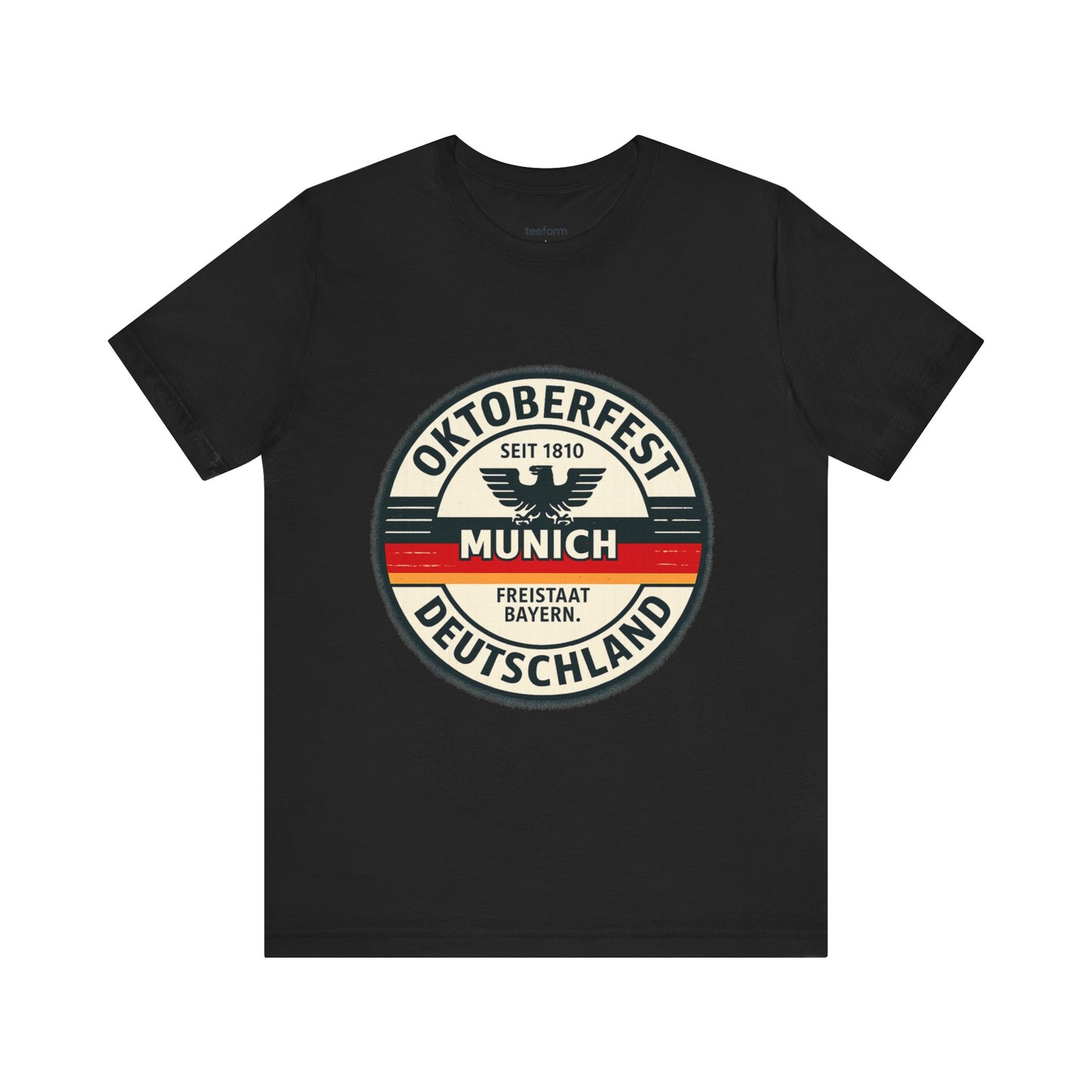 Black t-shirt with Oktoberfest Munich design on a white background