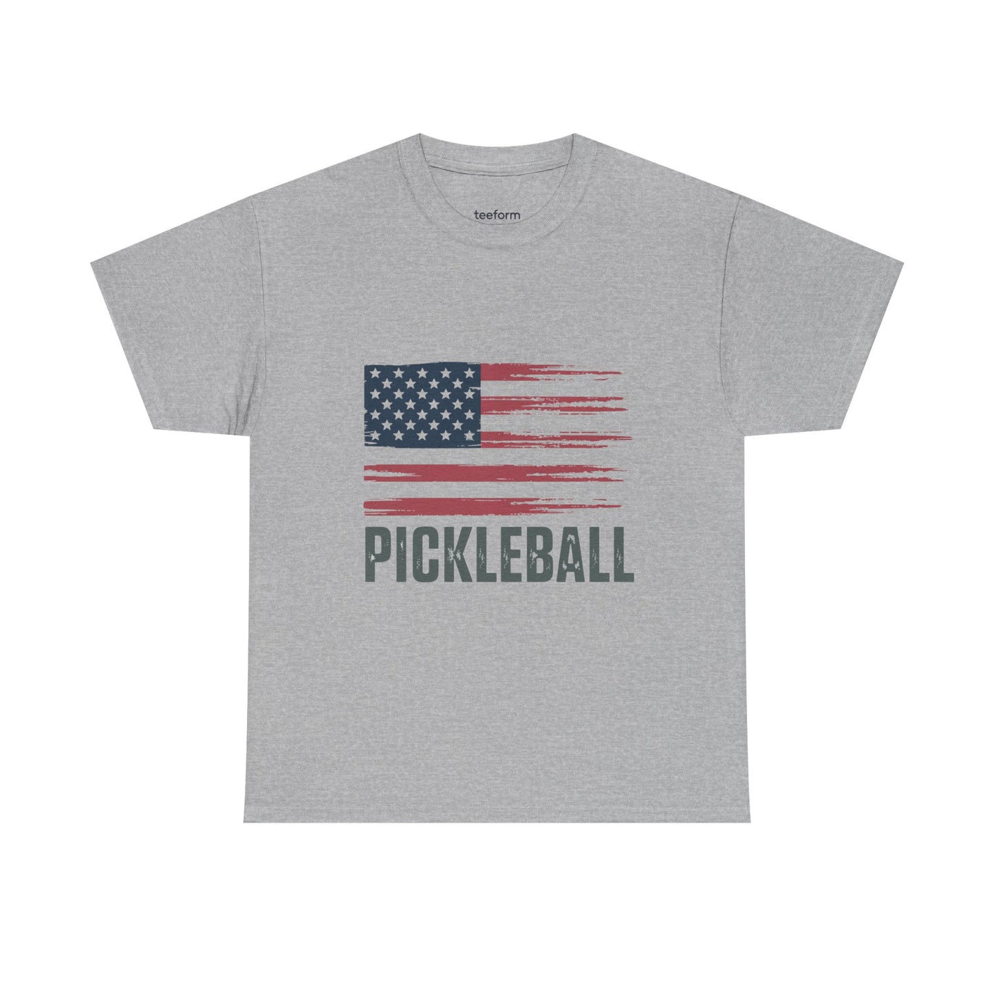Gray t-shirt with American flag and 'Pickleball' text 