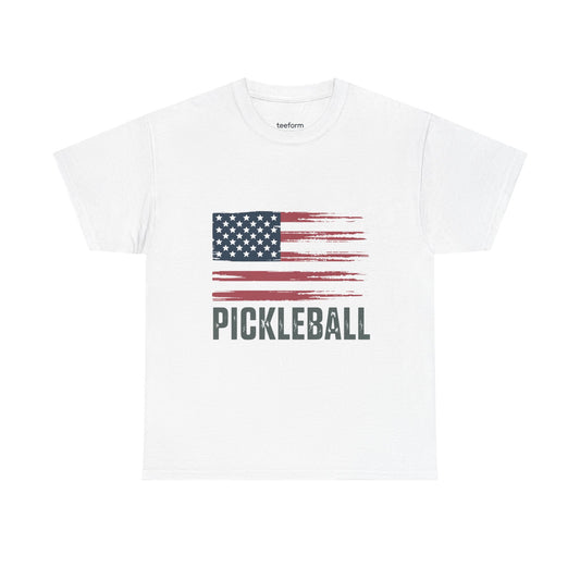 White t-shirt with American flag graphic and 'Pickleball' text 