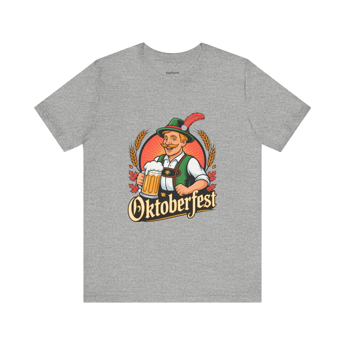 Gray t-shirt with Oktoberfest graphic featuring a traditional Bavarian man and beer mug design