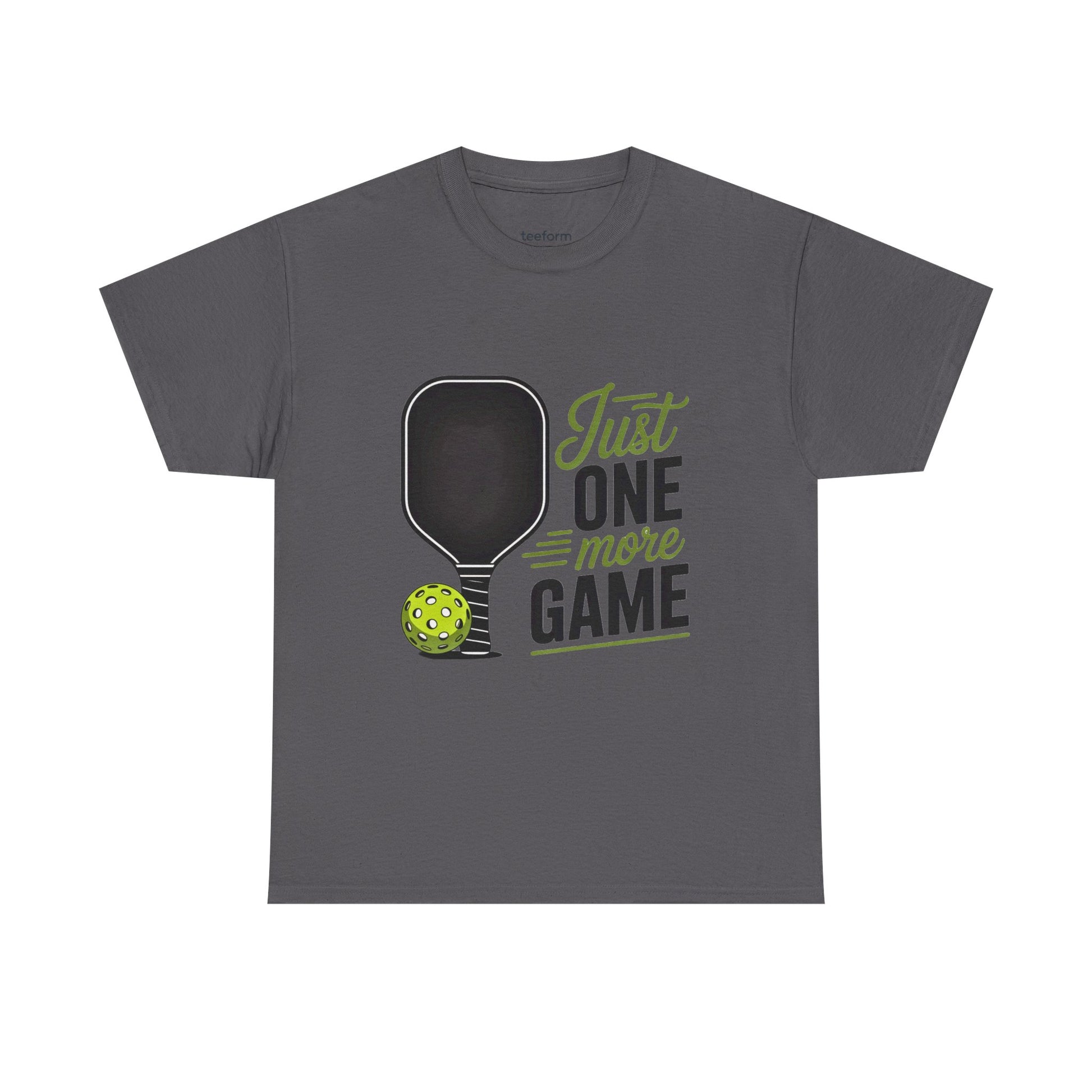 Dark Gray t-shirt with pickleball graphic and text 'Just One More Game' 