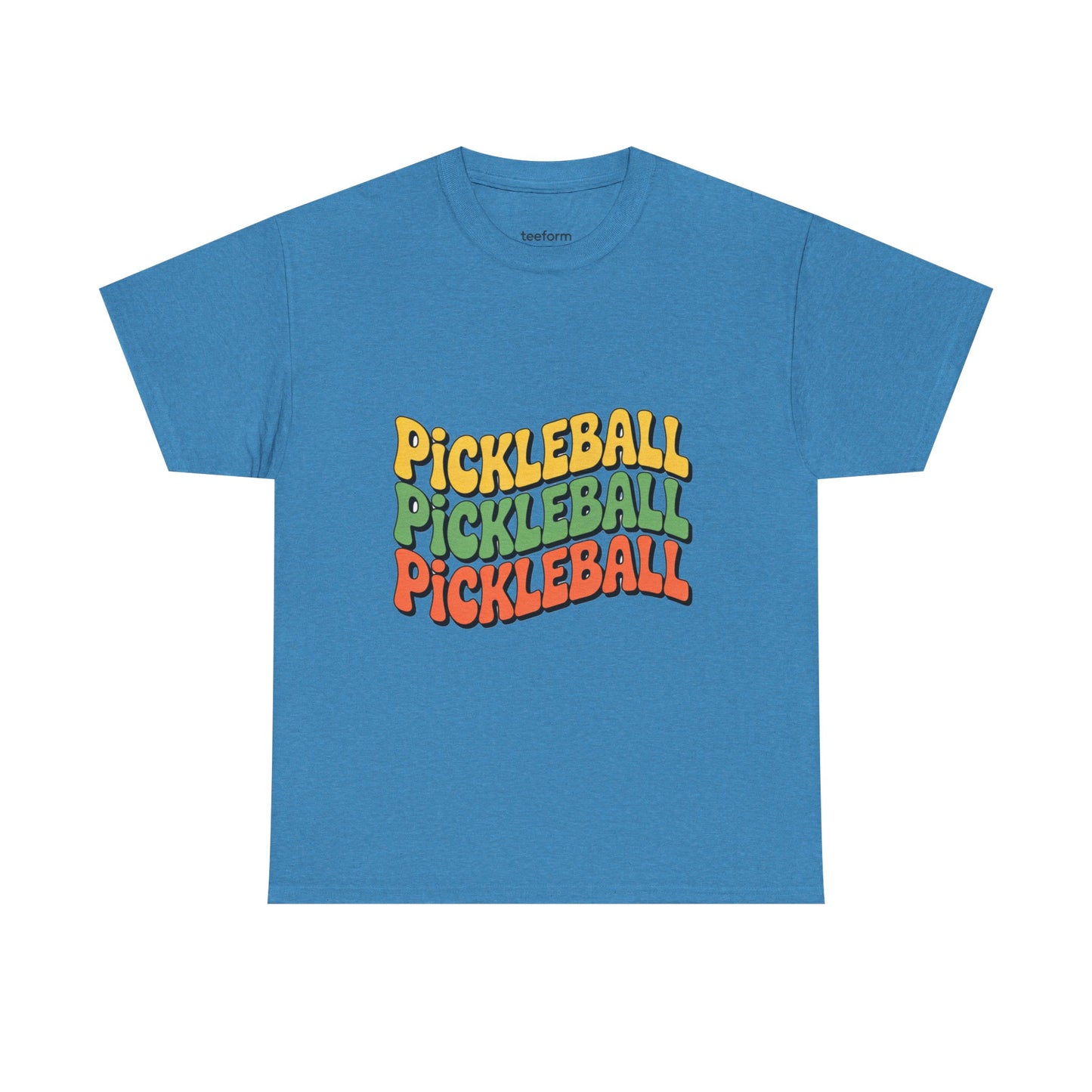 Blue t-shirt with 'Pickleball' text in colorful letters