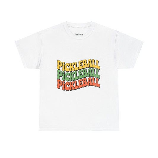 White t-shirt with 'Pickleball Pickleball Pickleball' text in multiple colors 