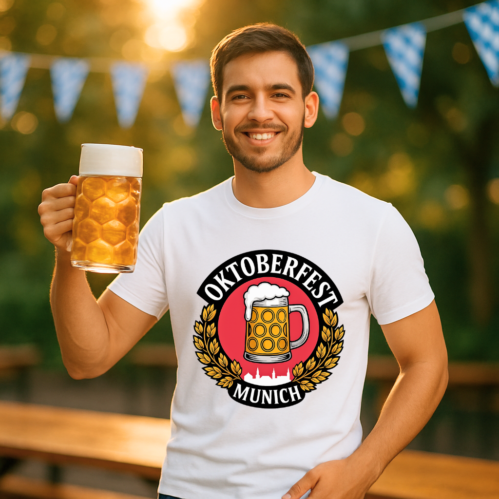 Man holding a mug of beer wearing an Oktoberfest Munich t-shirt outdoors.